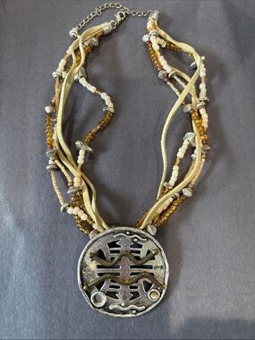 Bohemian Multi-Strand Beige & Amber Pendant Necklace